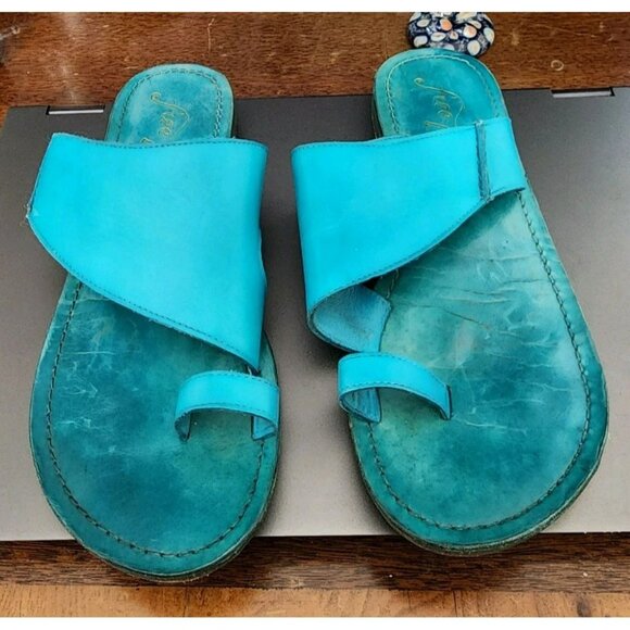 Free People Sandals Size 38 / US Sz 7.5 Blue Leather Toe Loop San Antoni Slide - Picture 2 of 9